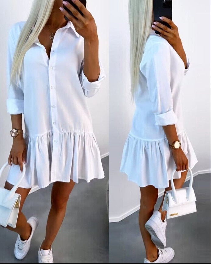 Casual Shirt Dress Women Long Sleeve Button Lapel Collar Ruffles Mini Dress 2023 Spring Autumn Solid Color Office Ladies Dresses