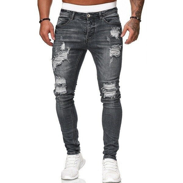 High Quality Men's Stretch Tight-fitting, Worn-out White Slim Jeans, Spring and Autumn New Long Jeans K14-881