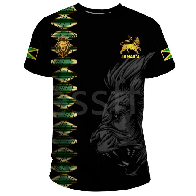 Summer Men's and Women's T-shirts Striped Jamaica Lion Emblem New Fashion 3D Printing T-shirt Short Sleeve Street Clothing Style