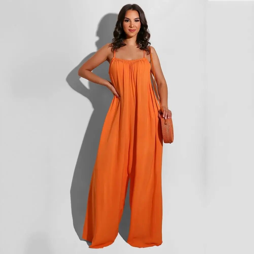 Jumpsuit Backless Sleeveless Spaghetti Strap Wide Leg Pleated Deep Crotch Solid Color Full Length Women Oversized Lady Jumpsuit