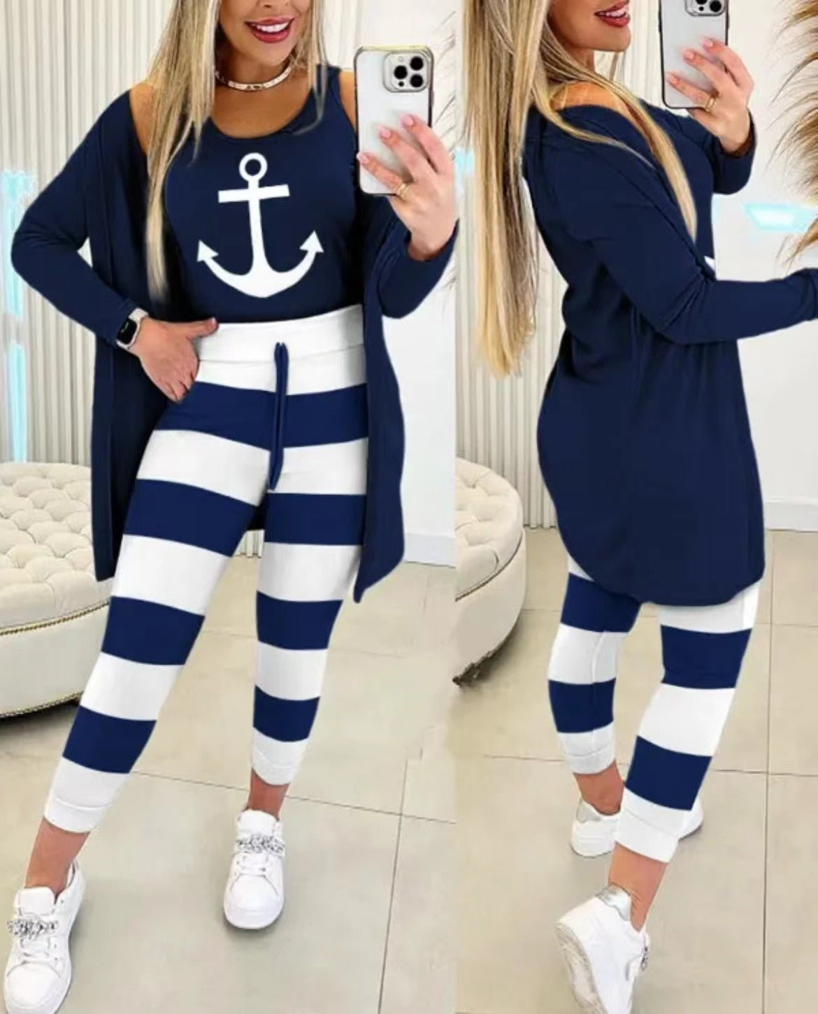 Autumn Fashion Printing Three Piece Set Women Casual Tank Top Cardigan Sweatpants Three Piece Set Women