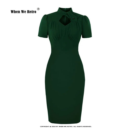 New Solid Color Green Vintage Dress Short Sleeve Bodycon Office Knee Length Robe Femme Summer Hollow Out Pencil Dresses VD3776