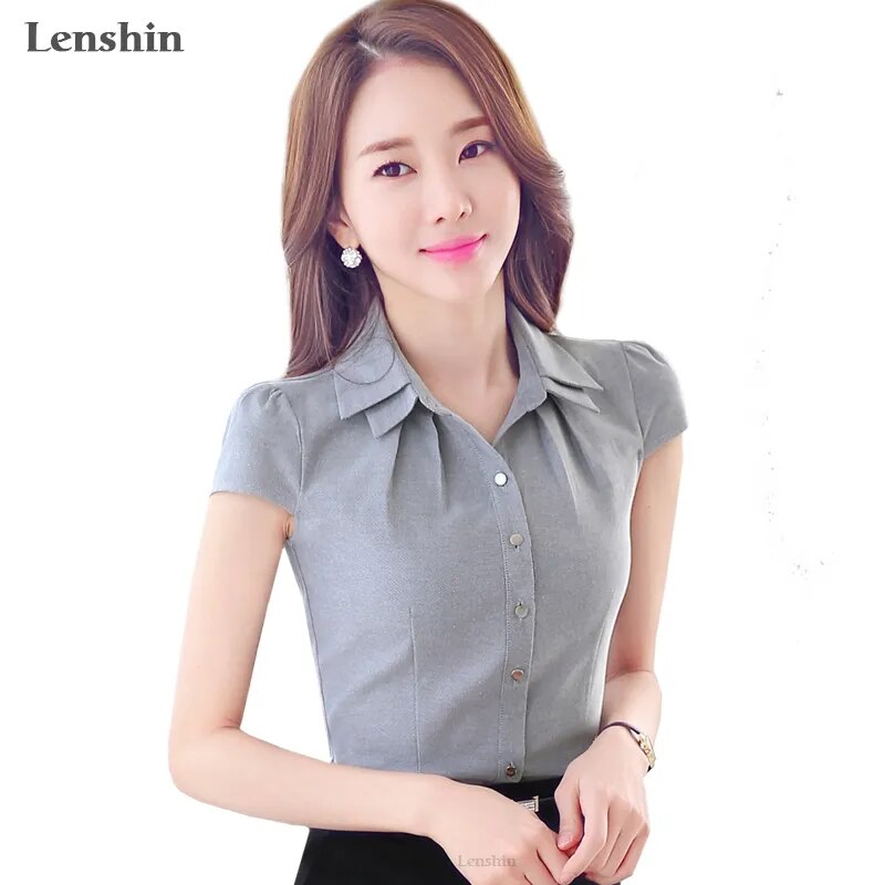 Cotton Shirt Casual Style New Fashion Short Sleeve Gray Blouse Tops Women Summer Wear Office Ladies