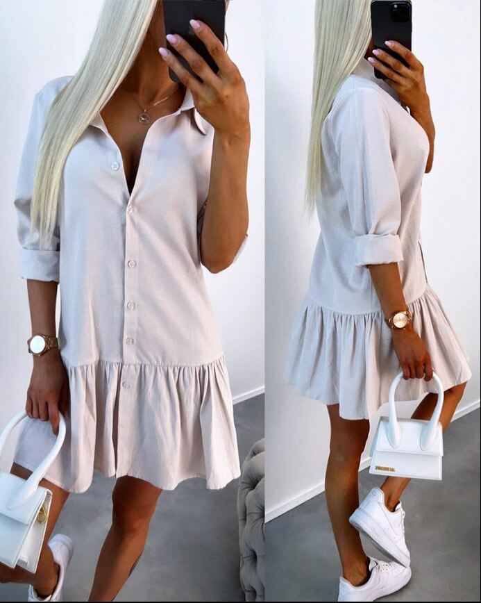 Casual Shirt Dress Women Long Sleeve Button Lapel Collar Ruffles Mini Dress 2023 Spring Autumn Solid Color Office Ladies Dresses