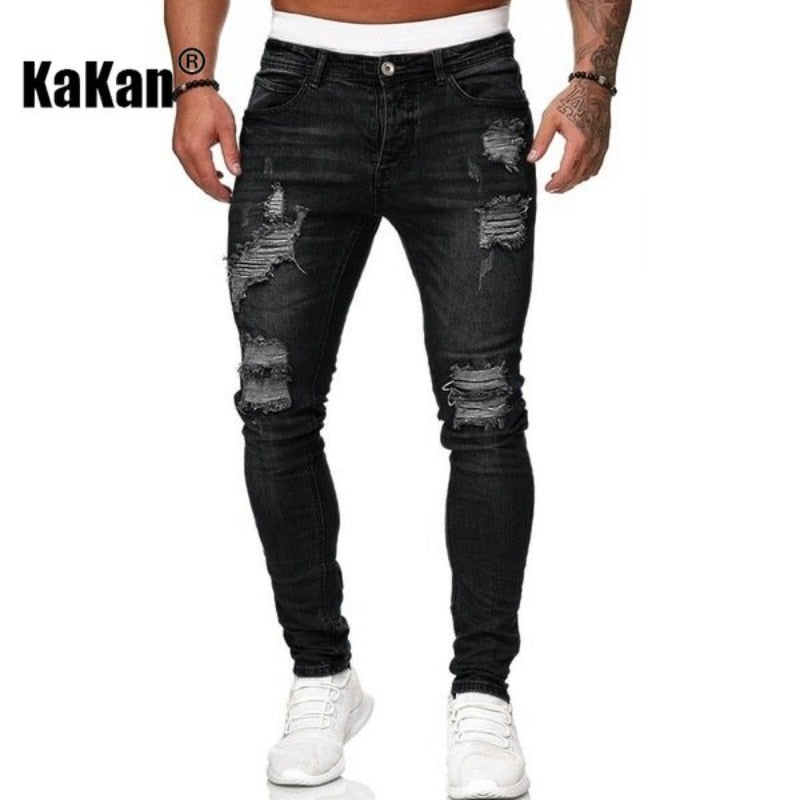 High Quality Men's Stretch Tight-fitting, Worn-out White Slim Jeans, Spring and Autumn New Long Jeans K14-881