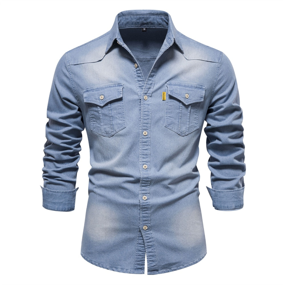 AIOPESON Elastic Cotton Denim Shirt Men Long Sleeve Quality Cowboy Shirts for Men Casual Slim Fit Jeans Men Shirts