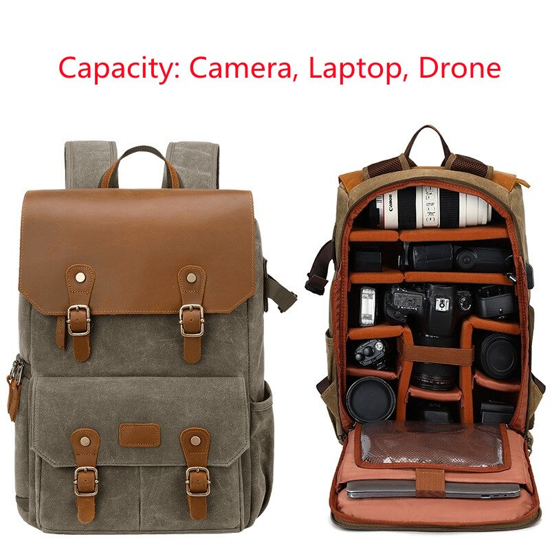 High-End Men's SLR Camera Backpack USB Large Camera Bag Waterproof Waxed Canvas Backpack Professional Camera Drone Backpack Outd