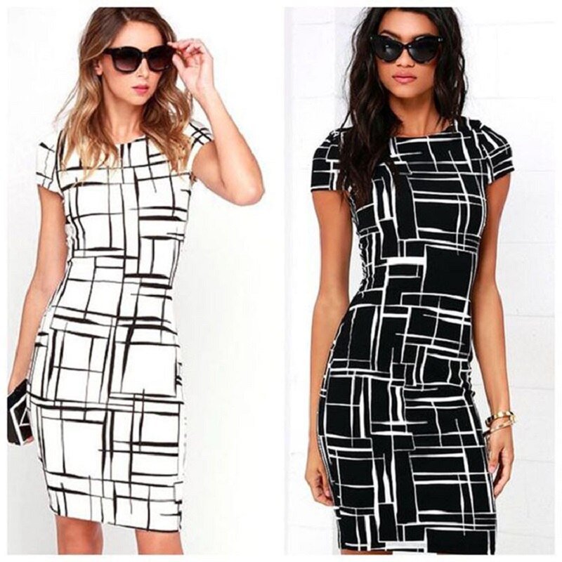 Women Office Working Formal Dresses Line Pattern Slim Shape Cotton Dress Lady Elegant Classy Overseas Sizes Women Clothes