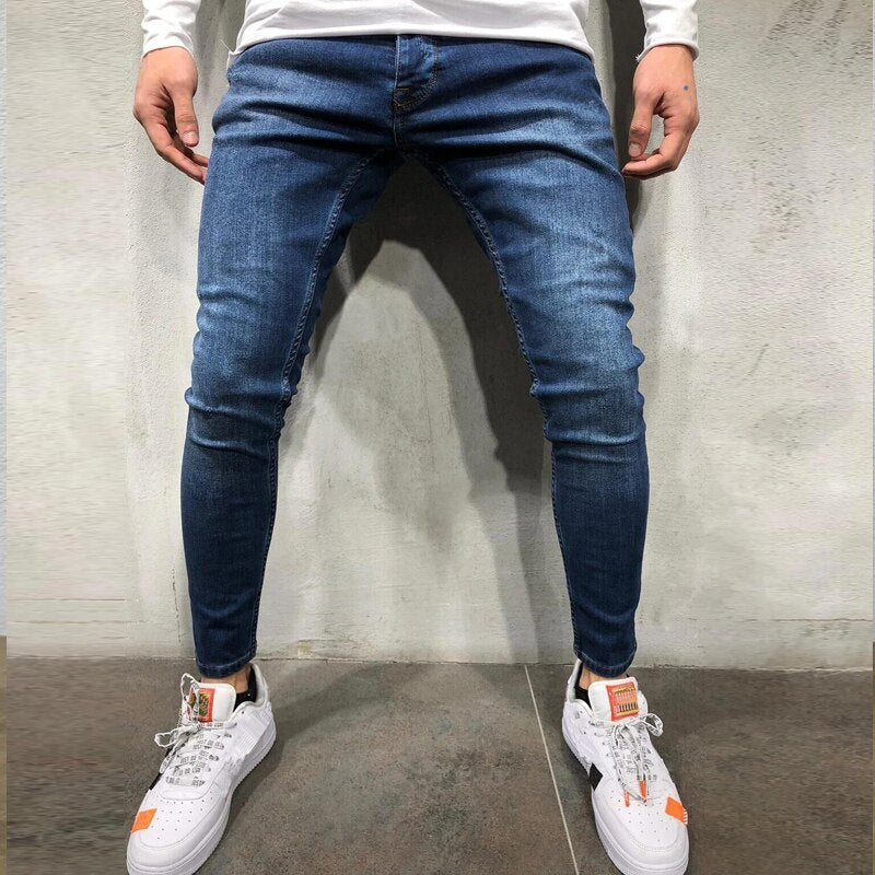 High Quality Men's Stretch Tight-fitting, Worn-out White Slim Jeans, Spring and Autumn New Long Jeans K14-881