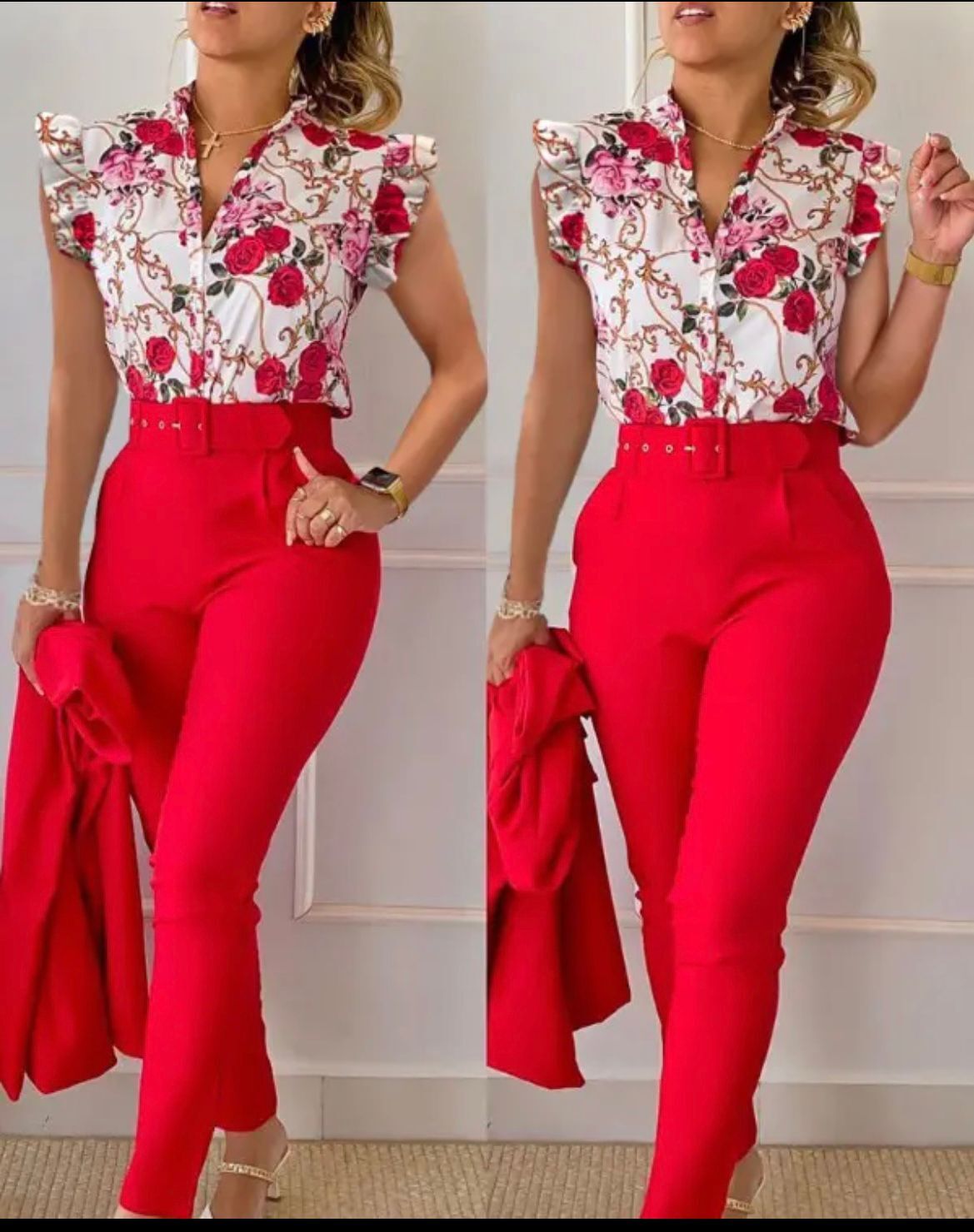 Summer Fashion Print Two Piece Set Women Casual Office Ladies Button Flying Sleeve Shirt Pants Two Piece Set Women