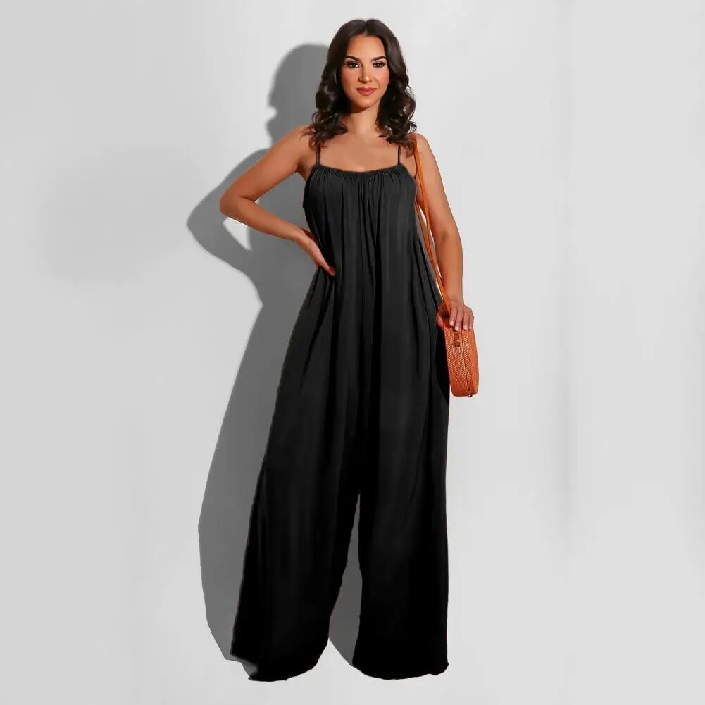 Jumpsuit Backless Sleeveless Spaghetti Strap Wide Leg Pleated Deep Crotch Solid Color Full Length Women Oversized Lady Jumpsuit