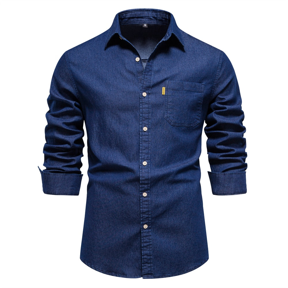 AIOPESON Autumn New Cotton Men's Denim Shirt Solid Color Single Pocket Casual Long Sleeve Shirt Autumn Jeans Shirt for Men