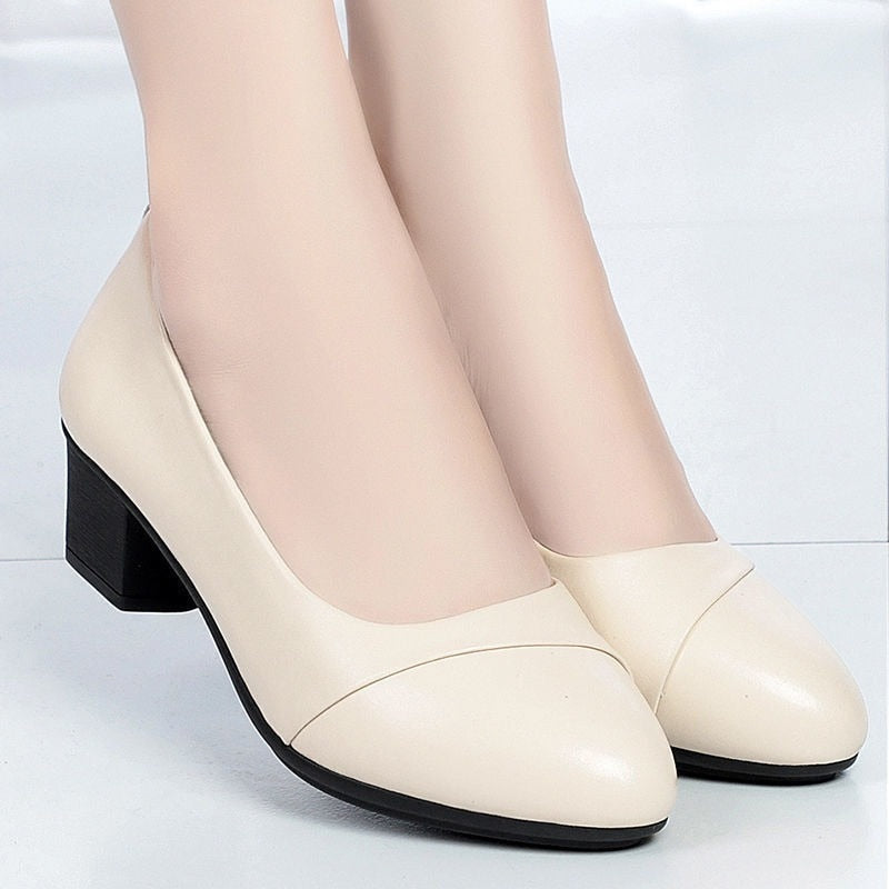 BKQU 2022 Women Soft Leather Low Heel Shoes Comfortable Soft Sole Middle-aged Sandals Mid Heel Work Shoes New Arrival