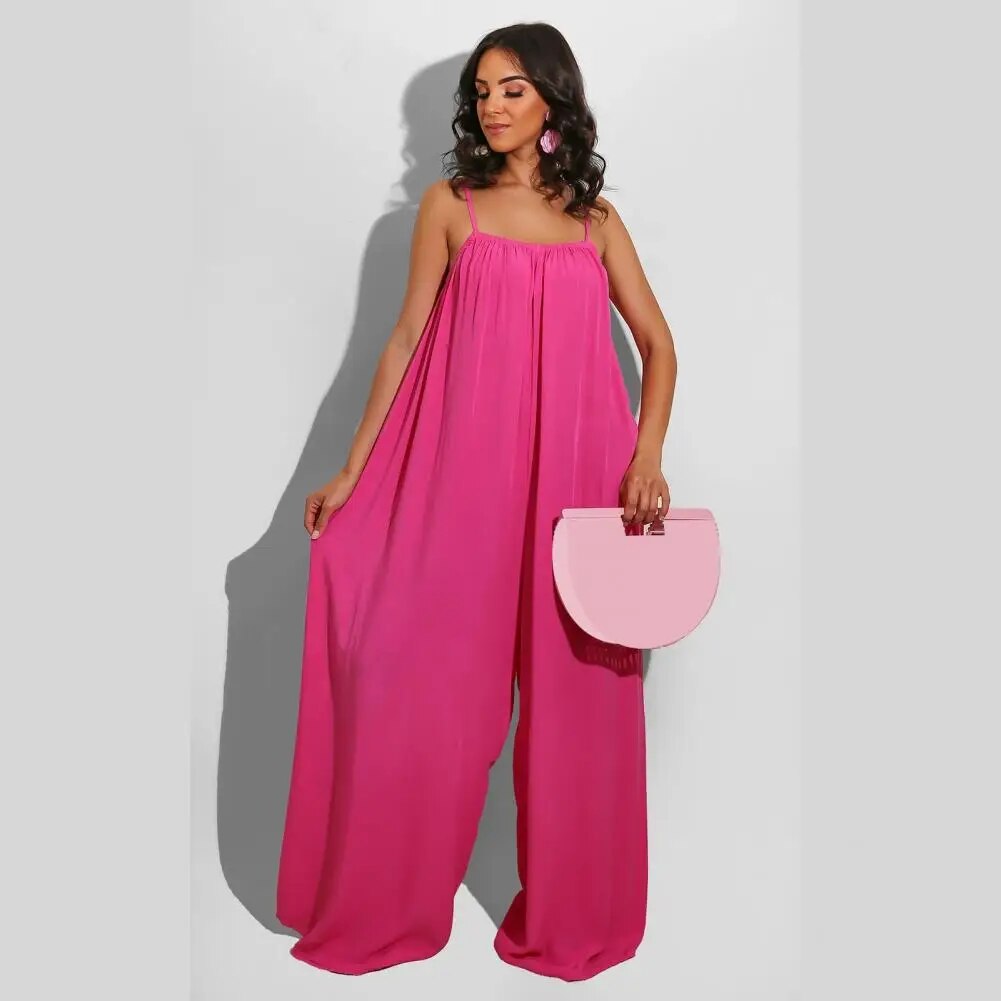 Jumpsuit Backless Sleeveless Spaghetti Strap Wide Leg Pleated Deep Crotch Solid Color Full Length Women Oversized Lady Jumpsuit