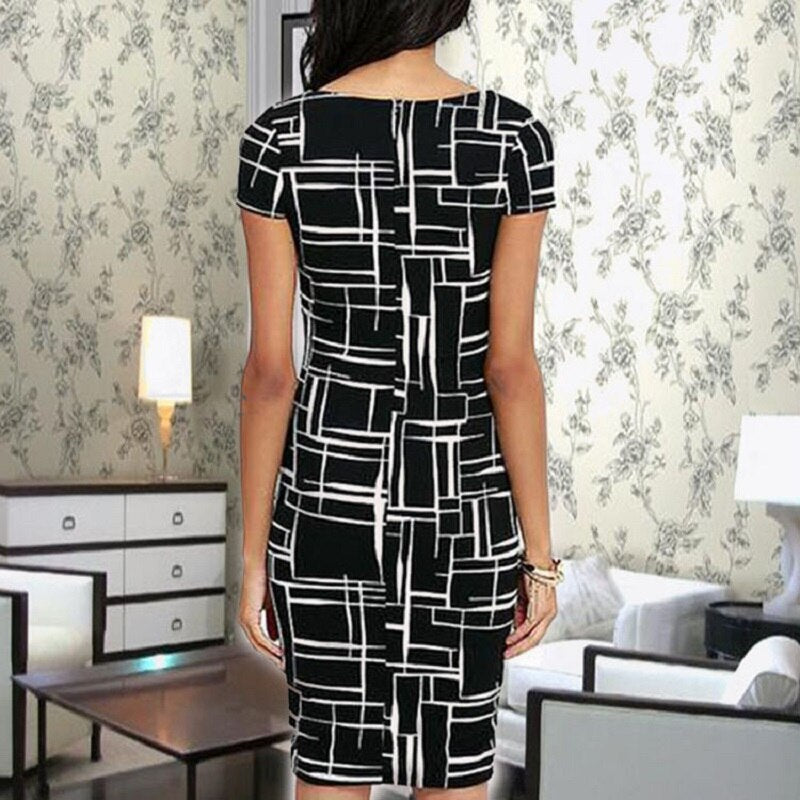 Women Office Working Formal Dresses Line Pattern Slim Shape Cotton Dress Lady Elegant Classy Overseas Sizes Women Clothes