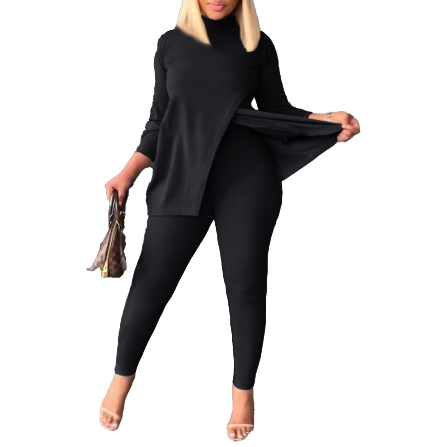 Two-piece Set Women's Solid Color Long Sleeve Casual Split Tshirt Leggings Slim Two-piece Set Women