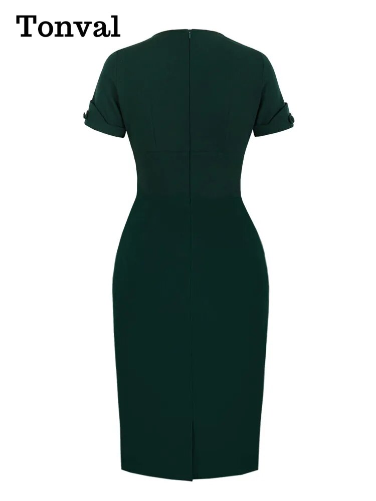 Tonval Ruched V-Neck High Waist Bodycon Pencil Dress Office Outfits Women Green Elegant Slim Fit Vintage Dresses 2023