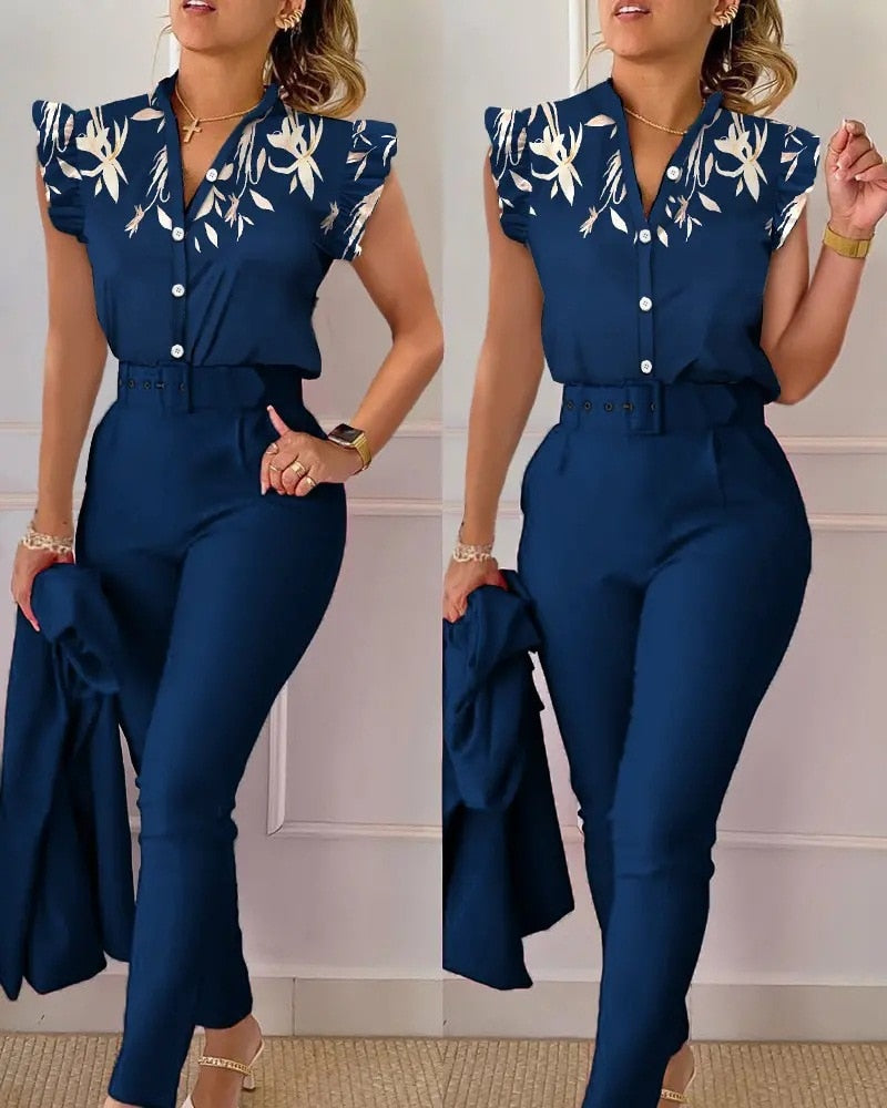 Summer Fashion Print Two Piece Set Women Casual Office Ladies Button Flying Sleeve Shirt Pants Two Piece Set Women