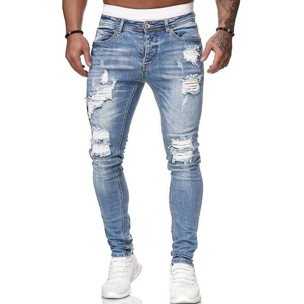 High Quality Men's Stretch Tight-fitting, Worn-out White Slim Jeans, Spring and Autumn New Long Jeans K14-881