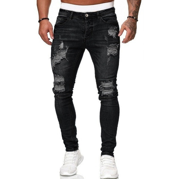 High Quality Men's Stretch Tight-fitting, Worn-out White Slim Jeans, Spring and Autumn New Long Jeans K14-881