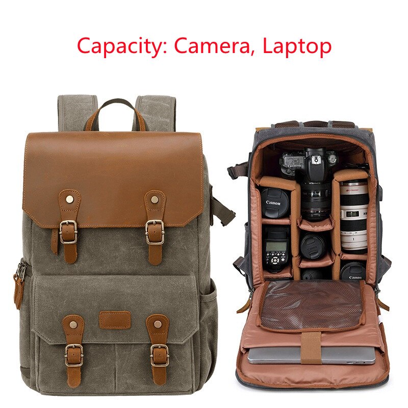 High-End Men's SLR Camera Backpack USB Large Camera Bag Waterproof Waxed Canvas Backpack Professional Camera Drone Backpack Outd