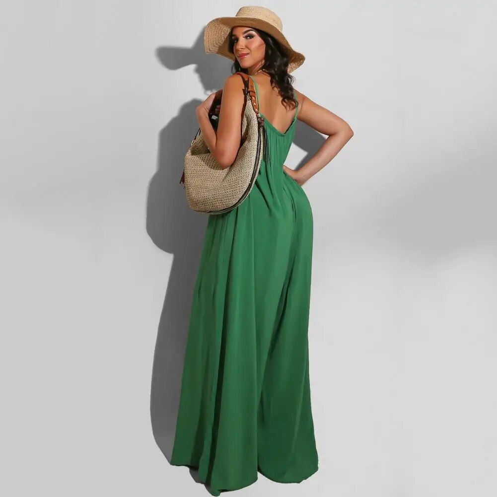 Jumpsuit Backless Sleeveless Spaghetti Strap Wide Leg Pleated Deep Crotch Solid Color Full Length Women Oversized Lady Jumpsuit