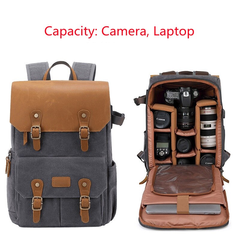 High-End Men's SLR Camera Backpack USB Large Camera Bag Waterproof Waxed Canvas Backpack Professional Camera Drone Backpack Outd