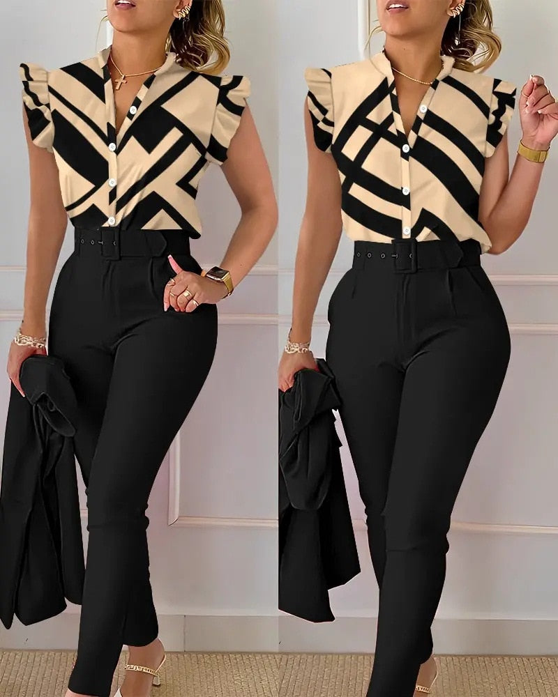 Summer Fashion Print Two Piece Set Women Casual Office Ladies Button Flying Sleeve Shirt Pants Two Piece Set Women