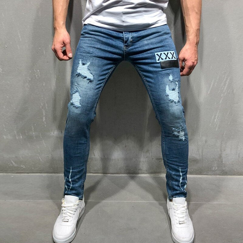 High Quality Men's Stretch Tight-fitting, Worn-out White Slim Jeans, Spring and Autumn New Long Jeans K14-881