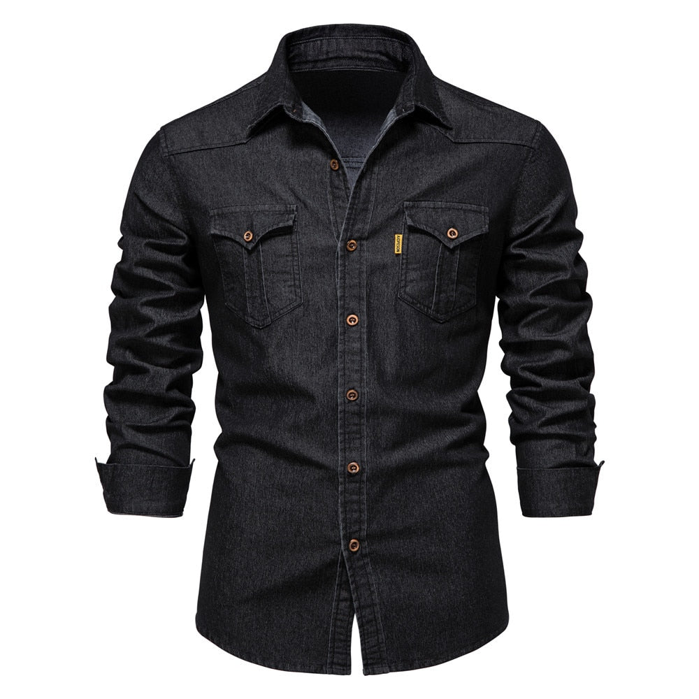 AIOPESON Elastic Cotton Denim Shirt Men Long Sleeve Quality Cowboy Shirts for Men Casual Slim Fit Jeans Men Shirts