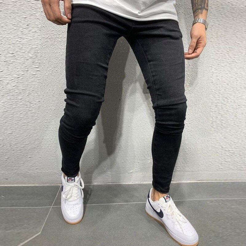 High Quality Men's Stretch Tight-fitting, Worn-out White Slim Jeans, Spring and Autumn New Long Jeans K14-881