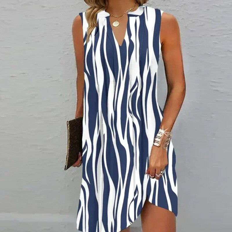 2023 Summer Casual Women Dress V Neck Folds Pleated Party Dress Elegant Solid Office Lady Sexy Sleeveless Tank Beach Dress