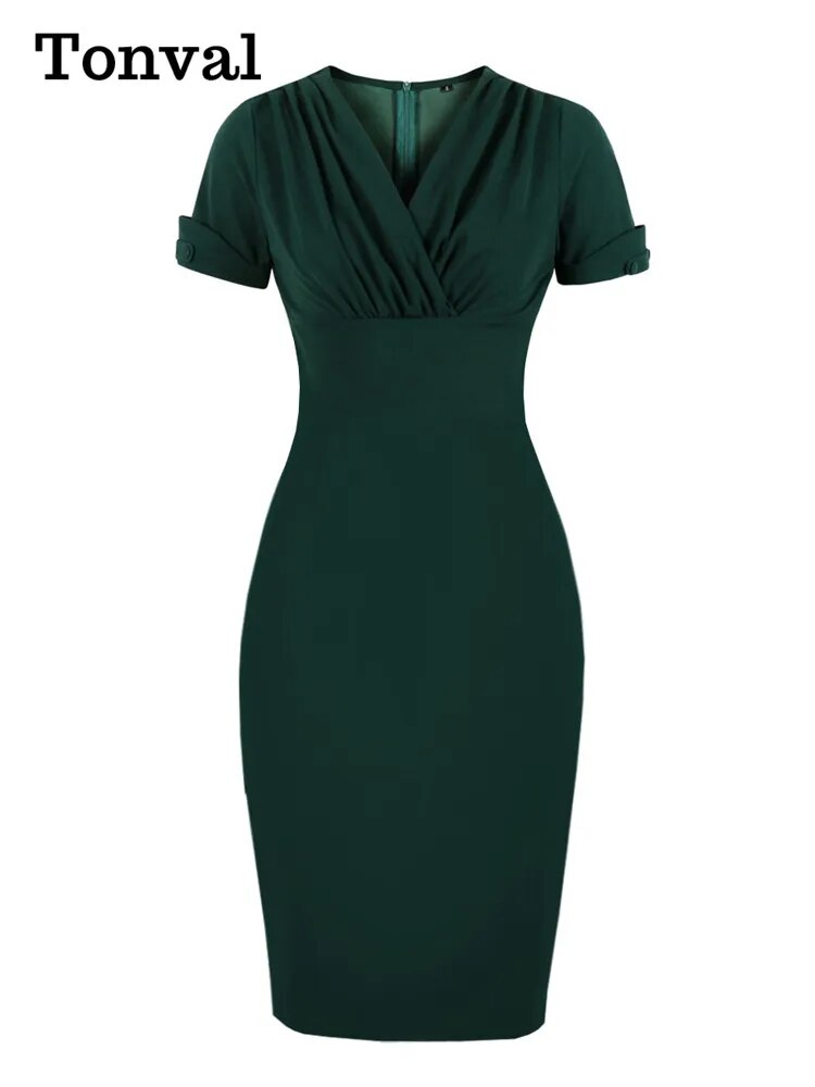 Tonval Ruched V-Neck High Waist Bodycon Pencil Dress Office Outfits Women Green Elegant Slim Fit Vintage Dresses 2023