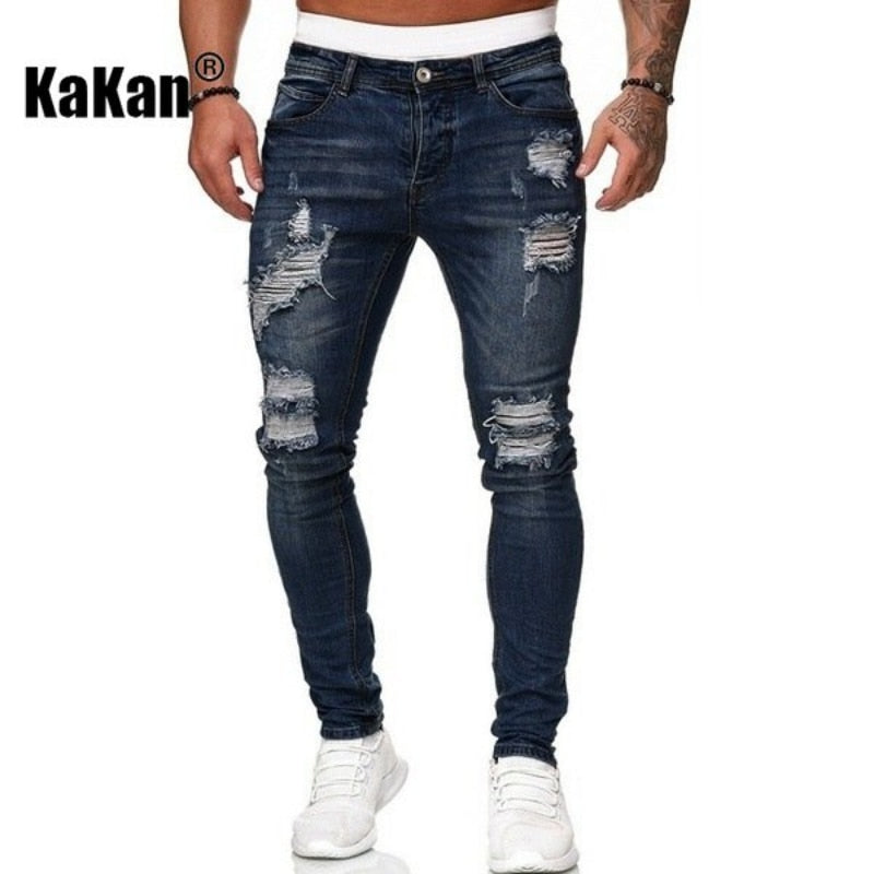 High Quality Men's Stretch Tight-fitting, Worn-out White Slim Jeans, Spring and Autumn New Long Jeans K14-881