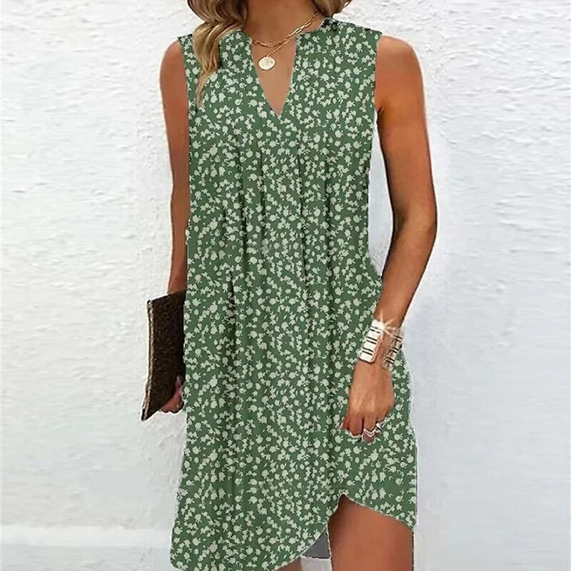 2023 Summer Casual Women Dress V Neck Folds Pleated Party Dress Elegant Solid Office Lady Sexy Sleeveless Tank Beach Dress