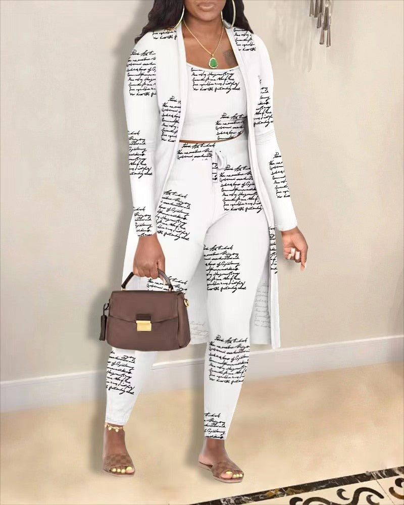 Autumn Fashion Printing Three Piece Set Women Casual Tank Top Cardigan Pants Three Piece Set Women