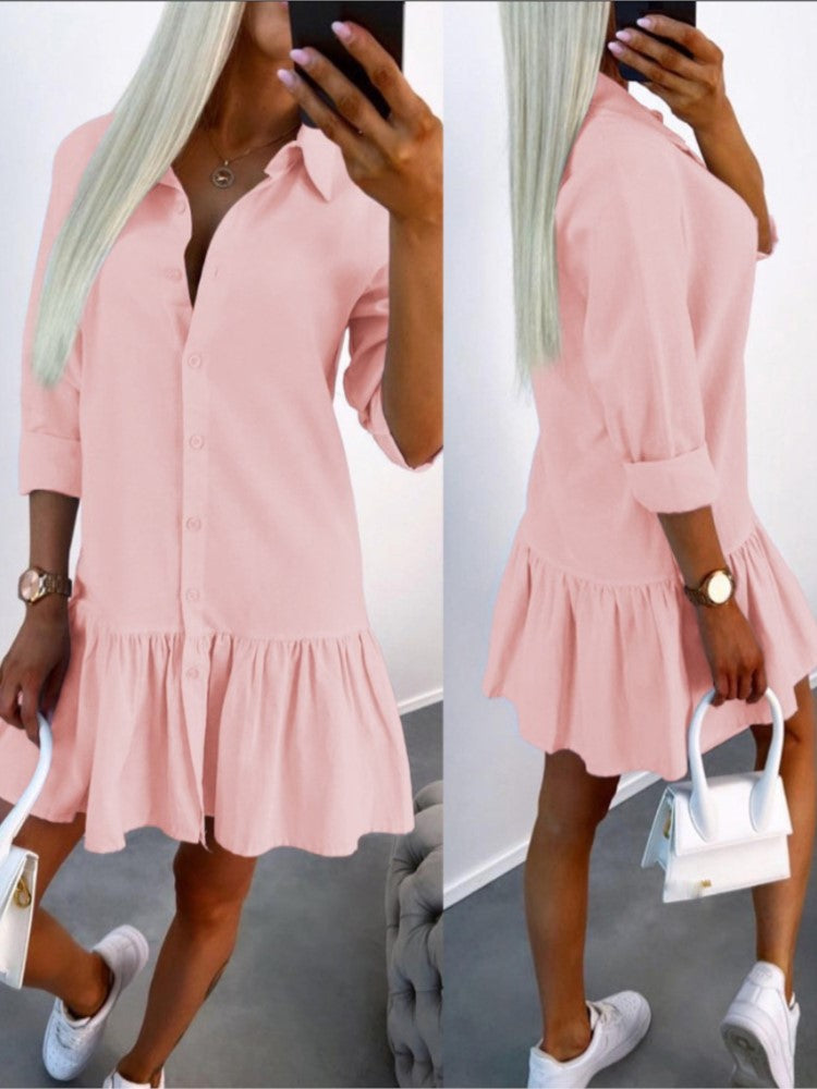 Casual Shirt Dress Women Long Sleeve Button Lapel Collar Ruffles Mini Dress 2023 Spring Autumn Solid Color Office Ladies Dresses