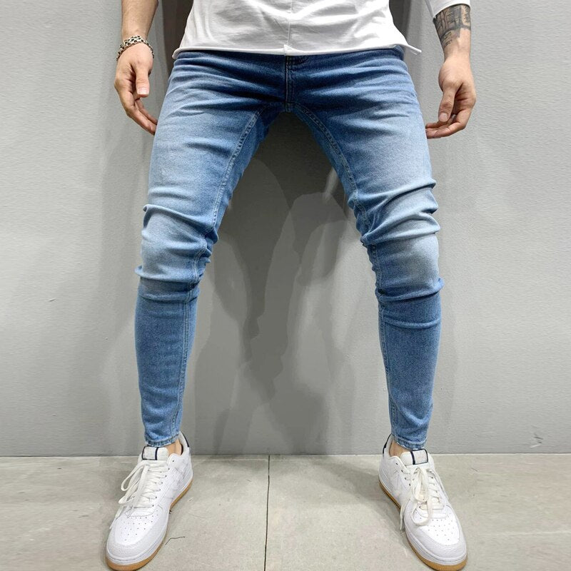 High Quality Men's Stretch Tight-fitting, Worn-out White Slim Jeans, Spring and Autumn New Long Jeans K14-881