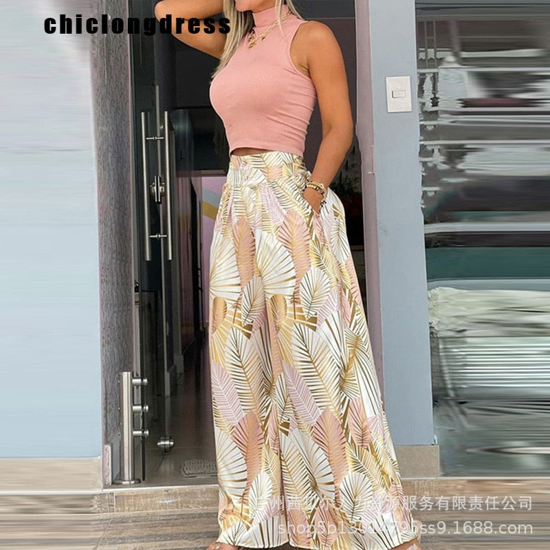 Summer Fashion Printing Two Piece Set Women Casual Solid Sleeveless Tank Top Wide Leg Pants Two Piece Set Women