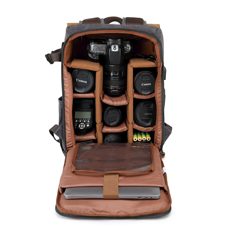 High-End Men's SLR Camera Backpack USB Large Camera Bag Waterproof Waxed Canvas Backpack Professional Camera Drone Backpack Outd