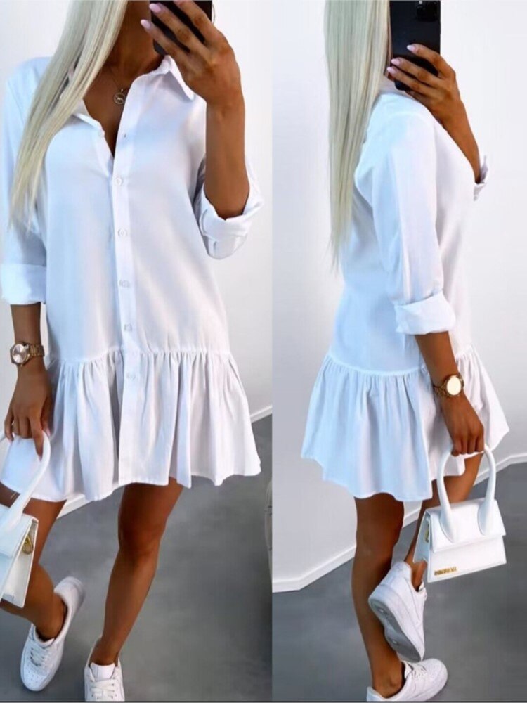 Casual Shirt Dress Women Long Sleeve Button Lapel Collar Ruffles Mini Dress 2023 Spring Autumn Solid Color Office Ladies Dresses