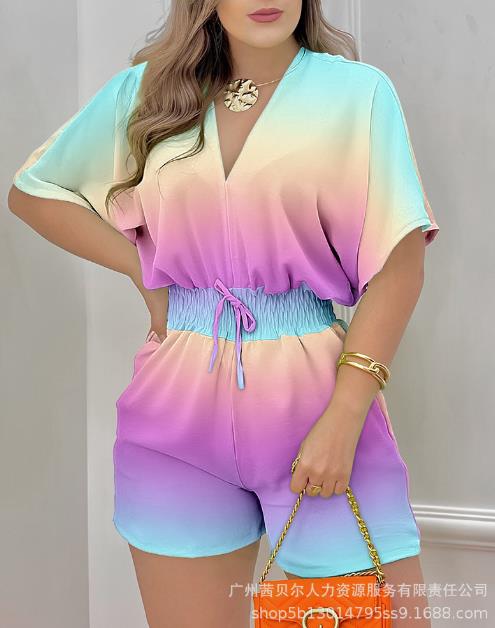 Batwing Sleeve Shirred Waist Romper Women Summer Lace Up Solid Bandage V Neck Rompers & Playsuits Sexy Batwing Sleeve