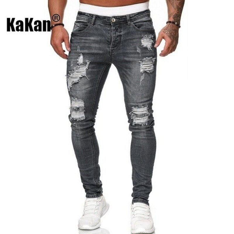 High Quality Men's Stretch Tight-fitting, Worn-out White Slim Jeans, Spring and Autumn New Long Jeans K14-881