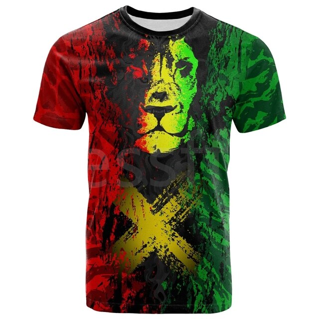 Summer Men's and Women's T-shirts Striped Jamaica Lion Emblem New Fashion 3D Printing T-shirt Short Sleeve Street Clothing Style