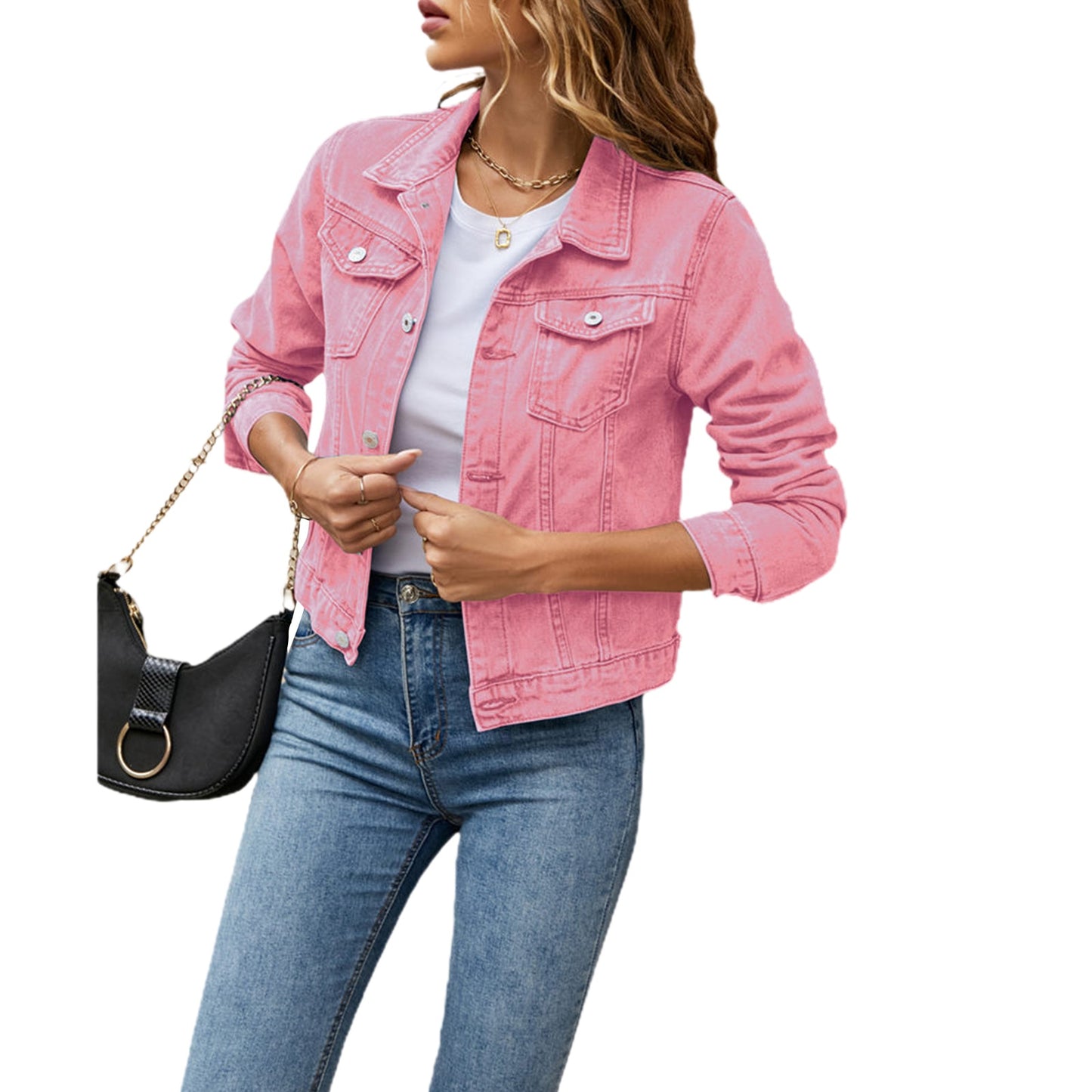 Women's Denim Jackets Fashion Female Casual Long Sleeve Lapel Solid Button Down Chest Pocket Slim Jean Jacket Fall Winter Coat