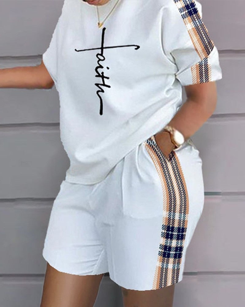 Summer Casual 2 Piece Set Women Letter Printed 2 Piece Outfit O Necke Short Sleeve T Shirt Top Shorts Suit with Pocket Women