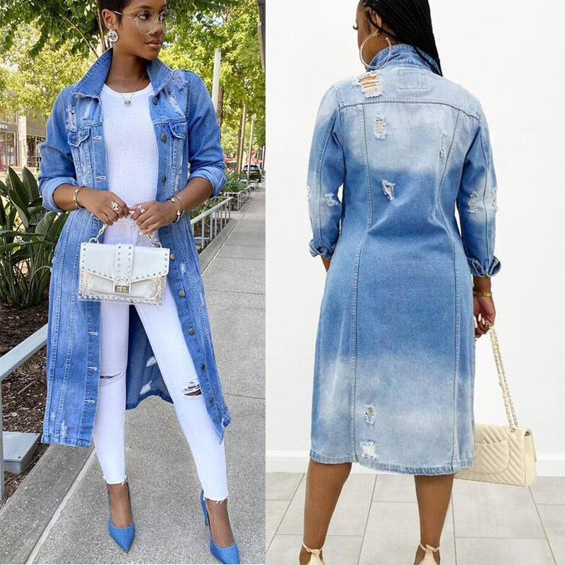 Autumn new denim long windbreaker coat hole Jean jacket women