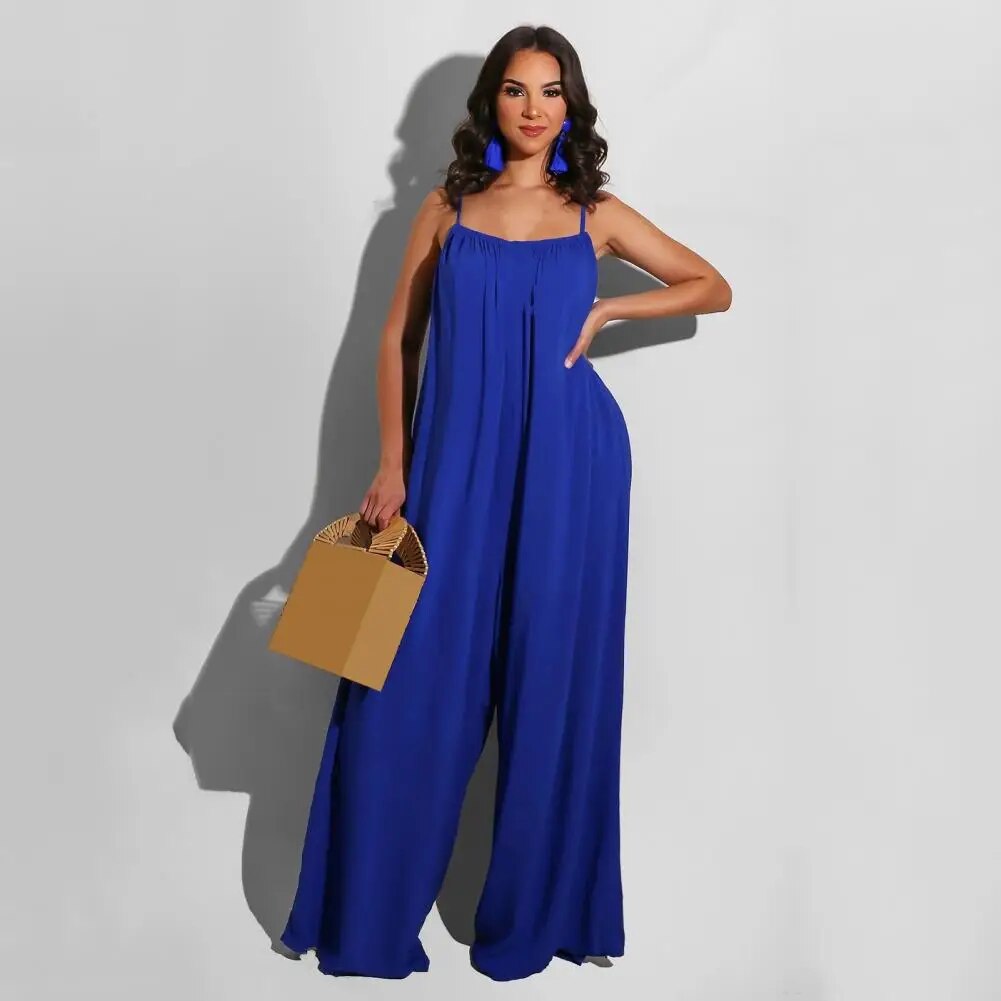 Jumpsuit Backless Sleeveless Spaghetti Strap Wide Leg Pleated Deep Crotch Solid Color Full Length Women Oversized Lady Jumpsuit