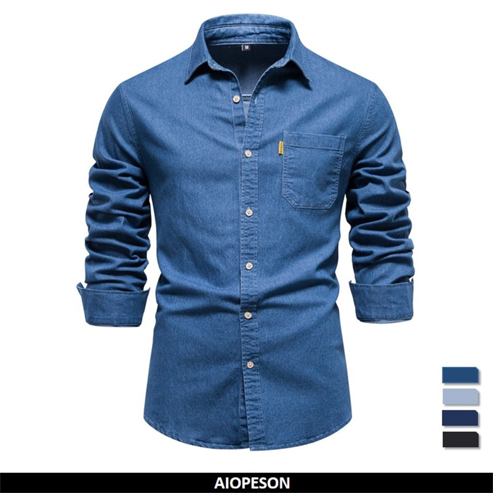 AIOPESON Autumn New Cotton Men's Denim Shirt Solid Color Single Pocket Casual Long Sleeve Shirt Autumn Jeans Shirt for Men