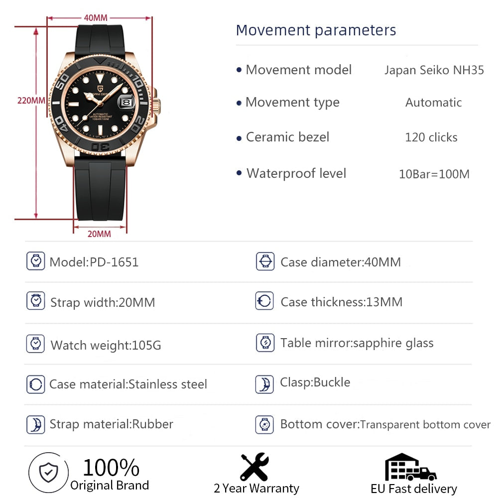 Luxury Men's Mechanical Watches 120 clicks 40MM AR Coated Sapphire Glass Men's Automatic Watches Relojes